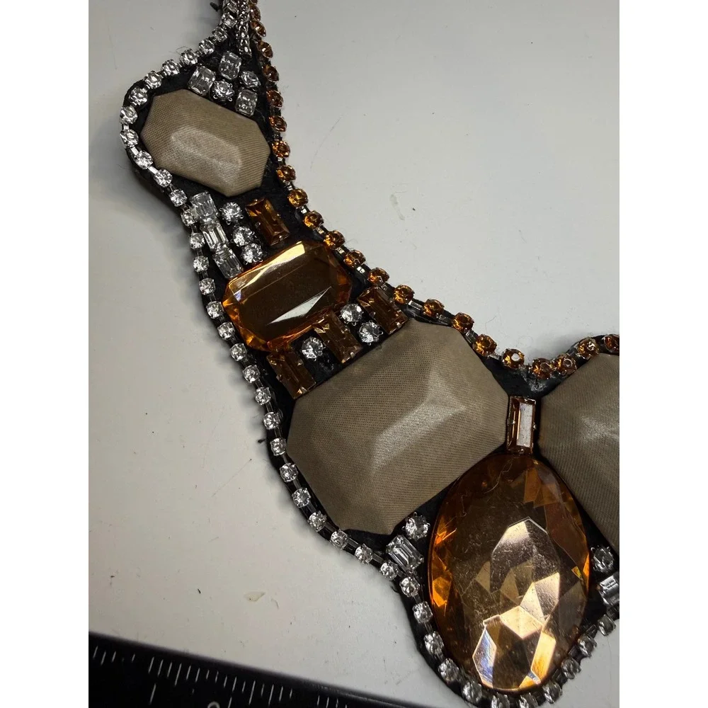 Statement Bib Necklace Amber Champagne Crystal Rhinestone Felt Back Adjustable